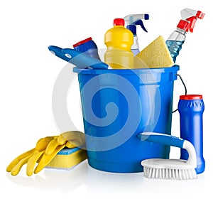 House Cleaning Equipment and Supplies in Bucket -