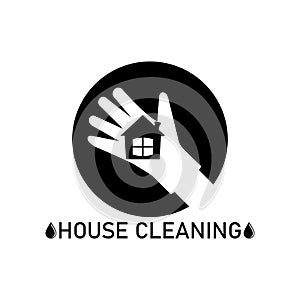 House cleaning logo icon design template with hand in glove. Vector clipart and drawing. Black and white silhouette.