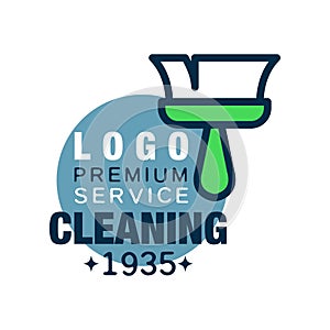 House cleaning and maid service logo design with brush and blue circle. Original icon in outline style. Flat vector