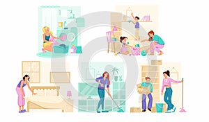 House Cleaning with Man and Woman with Kids Doing Domestic Chores Vector Set