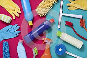 House cleaning plastic product on colorful table background, home service or housekeeping concept