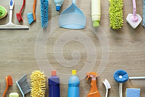 House cleaning plastic product on wood table background