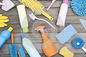 House cleaning plastic product on wood table  background, home service or housekeeping concept