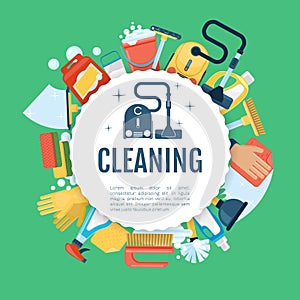 House cleaning poster. Vector home services template with household supplies icons