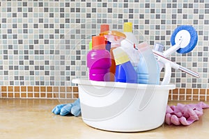 House cleaning product on the table in the kitchen room background