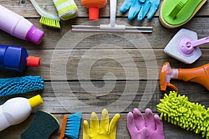 House cleaning product on wood table