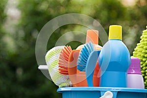 House cleaning product on wood table