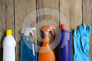 House cleaning product on wood table