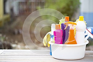 House cleaning product on wood table