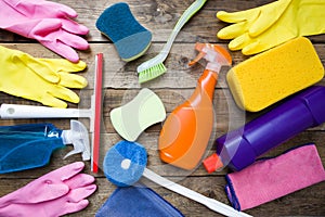 House cleaning product on wood table