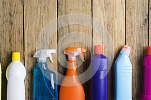 House cleaning product on wood table