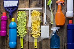 House cleaning product on wood table