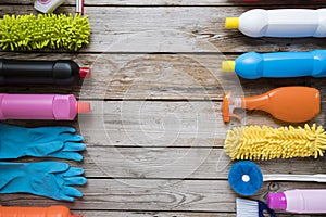 House cleaning product on wood table