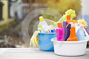 House cleaning product on wood table