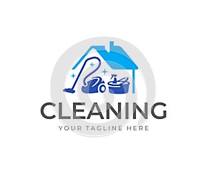 House cleaning service logo design. House with vacuum cleaner, bucket and cleaning products vector design