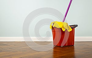 House cleaning tools on parquet