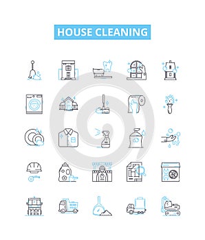 House cleaning vector line icons set. Mop, Vacuum, Dust, Wipe, Sweep, Scrub, Disinfect illustration outline concept