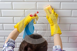 House cleaning. Woman doing chores in bathroom at home