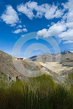 House on the cliff in Ladakh, Himalayas, Jammu and Kashmir, India.