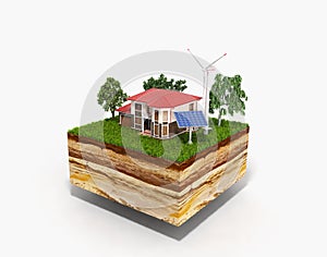 House on a clutch of land Concept of ecologically clean house 3d render on white