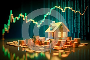 House and Coin Stacks on Financial Graph Background. Real Estate Prices Concept.