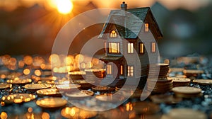 House with coins at sunset - generative ai