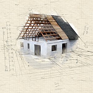 House in construction and blueprints 2