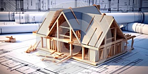 House construction on blueprints - building project