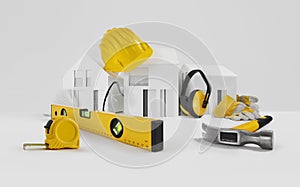 House construction concept. Tools for building work. Architectural models houses, yellow hard hat, meter and spirit level above