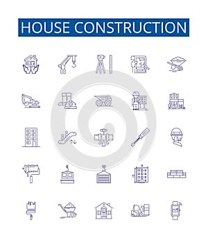 House construction line icons signs set. Design collection of Building, Construction, Housebuilding, Erection, Raising