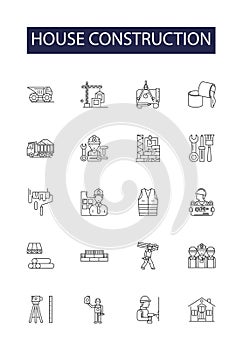 House construction line vector icons and signs. Constructing, Erecting, Frame, Framing, Masonry, Foundations, Walls