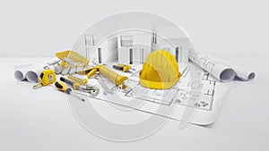 House construction plan concept. Tools for building work. Architectural model houses, yellow hard hat, meter and spirit level