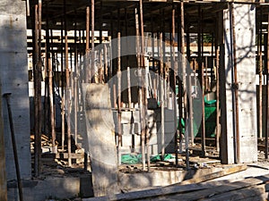 House construction site with rebar reinforcement steel cage