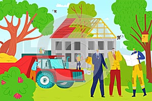 House construction, vector illustration. Builder worker man character work with cartoon equipment at home site. Male