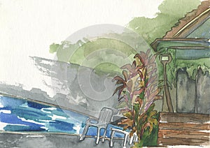 House corner, chair, water, pool, watercolor painting