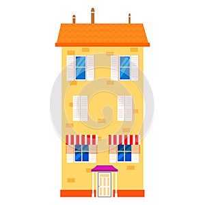House cottage home front view, colorful real estate. Cartoon urban suburban building, vector illustration