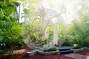 House courtyard and the garden of the Ernest Hemingway Home and Museum in Key West, Florida.