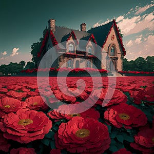 House Covered With Red Flowers AI generated