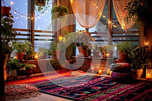 House with cozy boho ethnic interior in living room at night, pillows, cushions, green plants in a flower pot, couch or