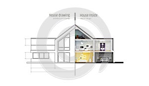 House in cross-section. Drawing inside interior. Modern house, villa, cottage, townhouse with shadows. Architectural