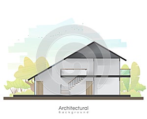 House cross section with empty room and peaceful landscape background