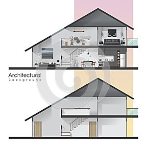 House cross section with furniture and empty house