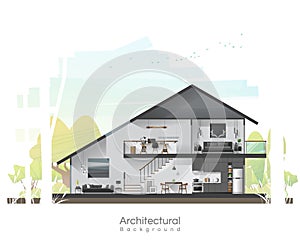 House cross section with furniture and peaceful landscape background
