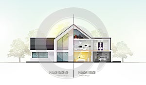 House in cross-section. Modern house, villa, cottage, townhouse with shadows. Architectural visualization of a three photo