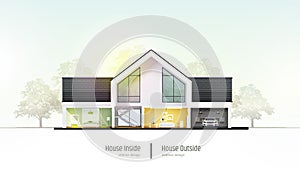 House in cross-section. Modern house, villa, cottage, townhouse with shadows. Architectural visualization of a three