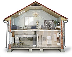 House cross section, view on bathroom, kitchen and living room