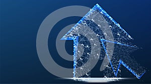 House and cursor. Home sign. Abstract low poly, Triangle, dot, line, polygon. Shine blue background, Vector illustration