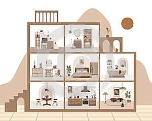 House in cut vector infographic design. Dollhouse concept in boho style