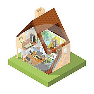 House cutaway isometric. Interior of modern house with different rooms with furniture vector pictures