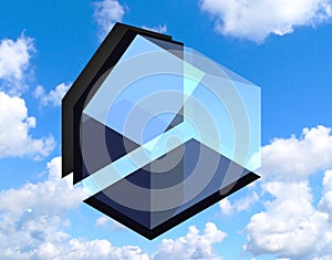House, in 3D three-dimensional perspective, with transparent elements, shadows and background of sky and clouds